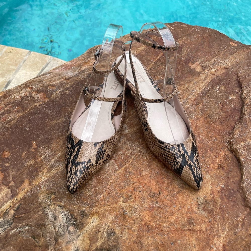 EUC SCHUTZ Snakeskin Pointed-Toe Ankle Strap Mules - Picture 2 of 11